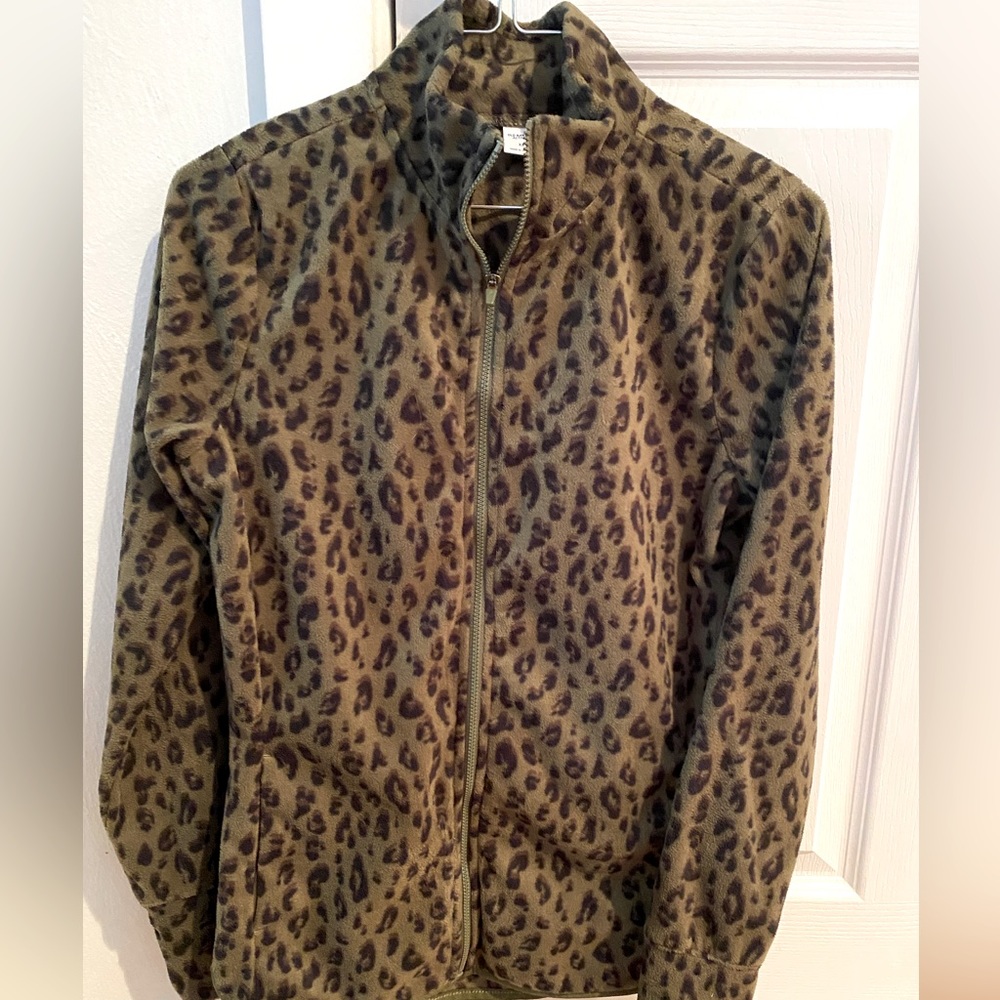 NWOT Olive Green Leopard Zip Up Fleece